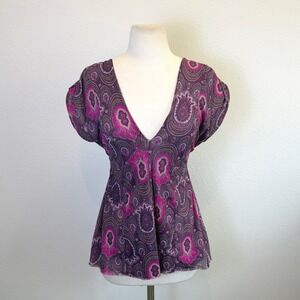 Vtg Y2K Mesh Deep V Tie Back Blouse Womens Medium Retro Indie Coquette
